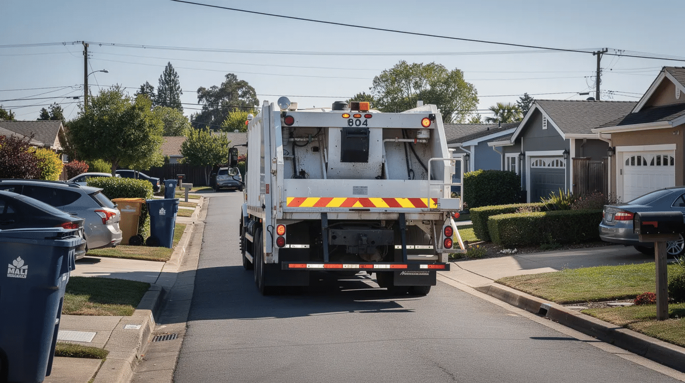A garbage truck is parked on a narrow residential street, surrounded by homes and driveways, highlighting the potential risks of truck accidents in such close quarters. This scene serves as a reminder of the importance of safety features and awareness of blind spots for garbage truck drivers to prevent serious accidents and protect the community.